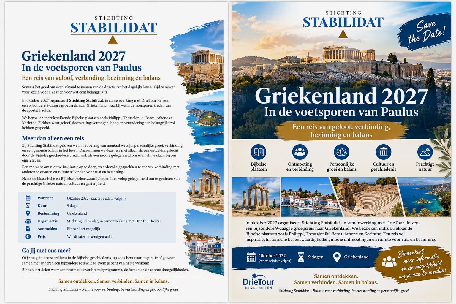 Vooraankondiging van de negendaagse groepsreis naar Griekenland in oktober 2027, georganiseerd door Stichting Stabilidat in samenwerking met DrieTour Reizen.